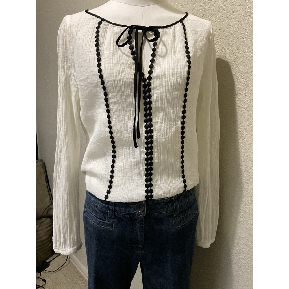 LOFT, Women’s Long Sleeve Cotton Blouse, White, Black Trim, Size: M - Picture 8 of 8